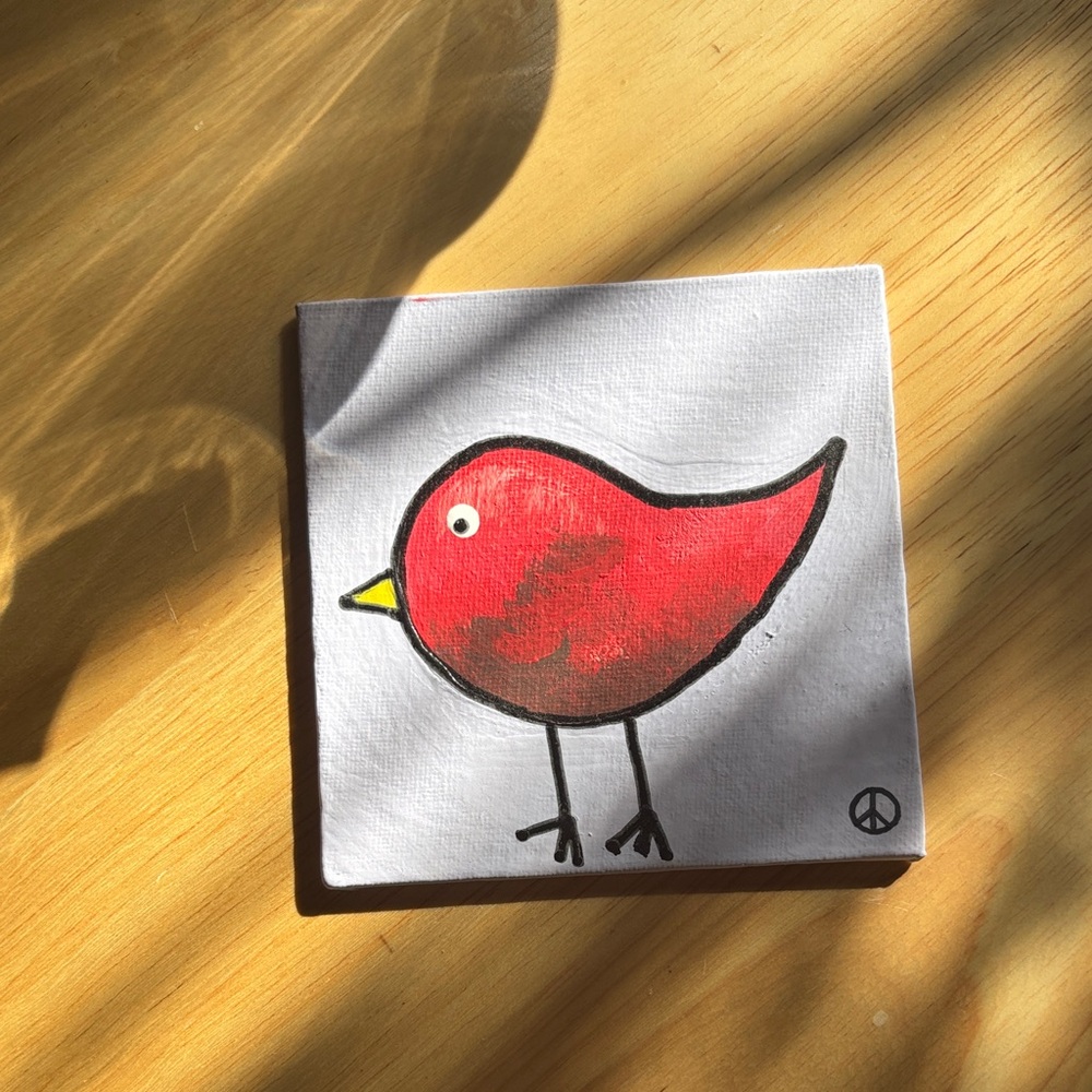 Original Hand-Painted Whimsical Red Bird 4x4 Canvas - Little Red Bird